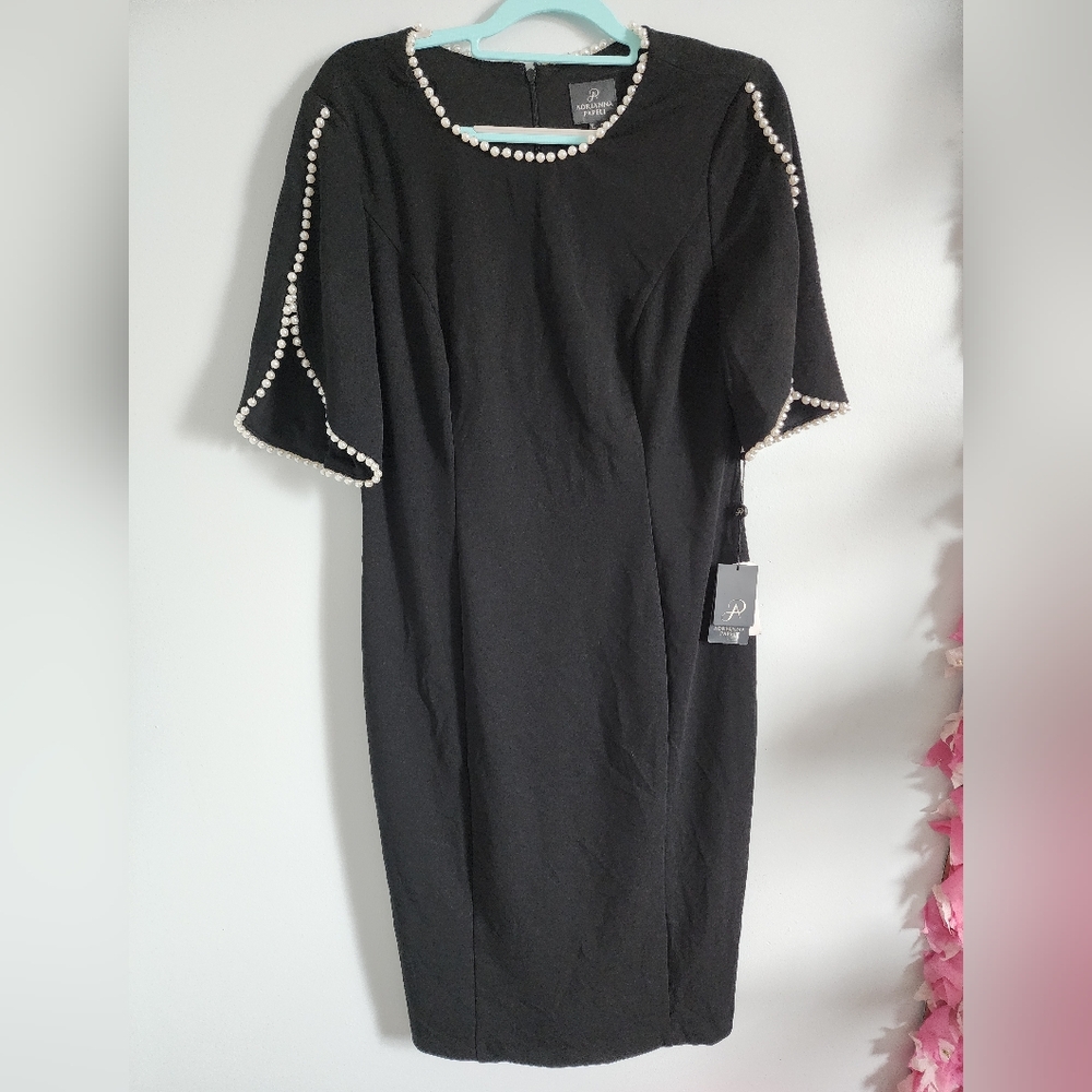 Adrianna Papell Black and White Sheath Dress with Dolman Sleeves
